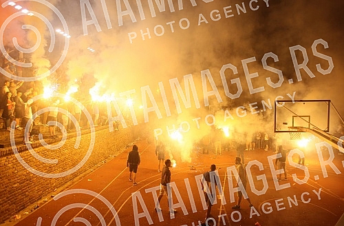  Squad of KK Crvena zvezda celebrate trophy at Kalemegdan.Ekipa KK Crvena zvezda proslavila je trofej na Kalemegdanu.