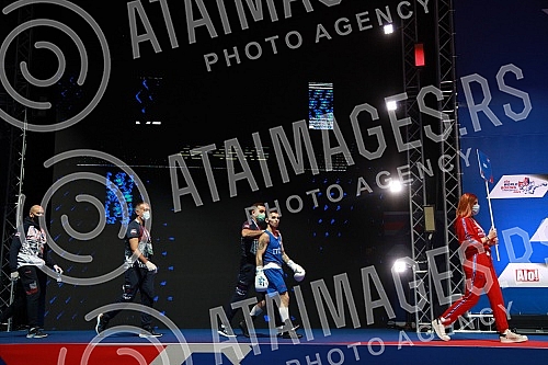 2021 Olympic Boxing World Championships - Stark Arena. Round 16, Minimumweight ( 46 - 48kg), Temirtas Zhussupov (Kazakhstan) (RED) vs Omer Ametovic (Serbia). Svetsko prvenstvo u olimpijskom boksu 2021 - Stark arena.