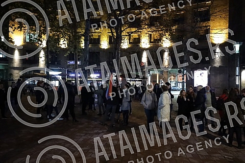 Activists, citizens, representatives of NGOs and opposition political parties gathered in front of the House of Trade Unions in support of activist Aida Corovic, who was detained earlier today for throwing eggs at a mural by Ratko Mladic painted on t