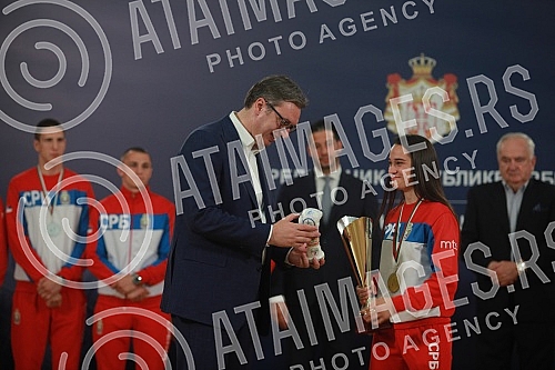 The President of the Republic of Serbia, Aleksandar Vucic, received the winners of gold medals at the European Boxing Championships, Vahid Abasov and Artyom Ageyev, as well as members of the delegation of the Boxing Federation of Serbia and the Olymp