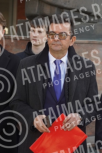 In front of the Palace of Justice, the president of the Movement for Change, Janko Veselinovic, addressed the media on the occasion of handing over the report to the Second Basic Public Prosecutor's Office against Serbian President Aleksandar Vucic f In front of the Palace of Justice, the president of the Movement for Change, Janko Veselinovic, addressed the media on the occasion of handing over the report to the Second Basic Public Prosecutor's Office against Serbian President Aleksandar Vucic f