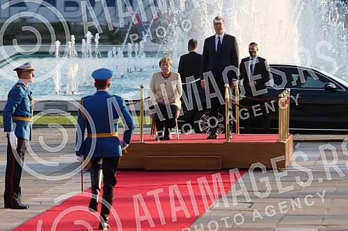 Festive reception of German Chancellor Angela Merkel in front of the Palace of Serbia.Svecani docek nemacke kancelarke Angela Merkel ispred Palate Srbija.