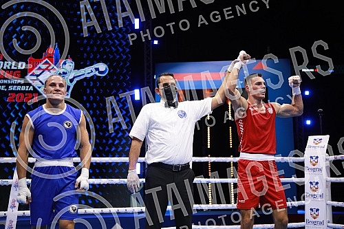 2021 Olympic Boxing World Championships - Stark Arena. Round 32, Men's Middle (75kg), Gabrijel Veocic (Croatia) (RED) vs Leo Cvitanovic (Bosnia and Herzegovina).Svetsko prvenstvo u olimpijskom boksu 2021 - Stark arena.