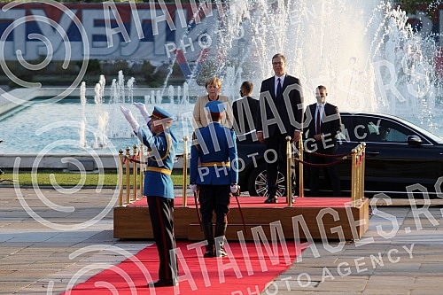 Festive reception of German Chancellor Angela Merkel in front of the Palace of Serbia.Svecani docek nemacke kancelarke Angela Merkel ispred Palate Srbija.