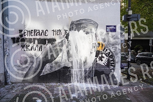 A bucket of lime was thrown on the mural with the image of Ratko Mladic, and behind it stands Djordjo Zujovic, a longtime activist and member of the Social Democratic Party of Serbia.Na mural sa likom Ratka Mladica bacena je kofa kreca, a iza toga 