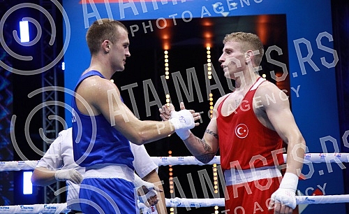 2021 Olympic Boxing World Championships - Stark Arena. Round 32, Light Heavyweight (80kg), Kaan Aykutsun(Turkey) (RED) vs Vladimir Mironchikov (Serbia).Svetsko prvenstvo u olimpijskom boksu 2021 - Stark arena.