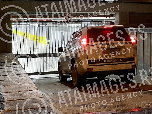 A police vehicle arrives to pick up acting teacher Miroslav Mika Aleksic, who is leaving the Higher public prosecutor's office, where he was questioned and on that occasion denied the accusations that he was a student at his school. Policijsko vozi