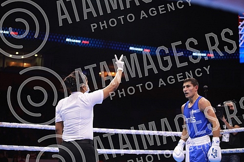 2021 Olympic Boxing World Championships - Stark Arena. Round 32, Light Welterweight (63.5kg), Kerem Oezmen (Turkey) (RED) vs Pavel Fedorov (Serbia).Svetsko prvenstvo u olimpijskom boksu 2021 - Stark arena.