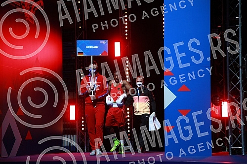 2021 Olympic Boxing World Championships - Stark Arena. Round 32, Middleweight (75kg), Kevin Schumann (Germany) (RED) vs Almir Memic (Serbia).Svetsko prvenstvo u olimpijskom boksu 2021 - Stark arena.