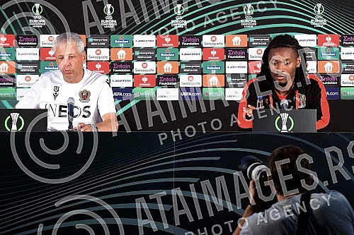 Lucian Favre, coach of FC Nice and Khephren Thuram, player of FC Nice, held a press conference on the occasion of the upcoming conference league match they are playing against FC Partizan.Lucian Favre, trener FK Nice i Khephren Thuram, igrac FK Nic