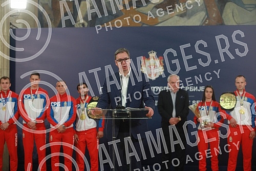 The President of the Republic of Serbia, Aleksandar Vucic, received the winners of gold medals at the European Boxing Championships, Vahid Abasov and Artyom Ageyev, as well as members of the delegation of the Boxing Federation of Serbia and the Olymp