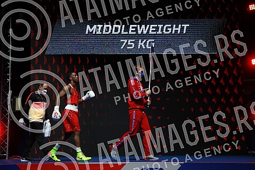 2021 Olympic Boxing World Championships - Stark Arena. Round 32, Middleweight (75kg), Kevin Schumann (Germany) (RED) vs Almir Memic (Serbia).Svetsko prvenstvo u olimpijskom boksu 2021 - Stark arena.