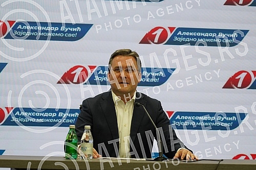 Addressing the media after the completed session of the Presidency of the Serbian Progressive Party.Obaracanje medijima nakon zavrsene sednice Predsednistva Srpske napredne stranke.
