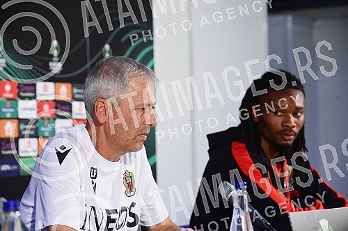 Lucian Favre, coach of FC Nice and Khephren Thuram, player of FC Nice, held a press conference on the occasion of the upcoming conference league match they are playing against FC Partizan.Lucian Favre, trener FK Nice i Khephren Thuram, igrac FK Nic