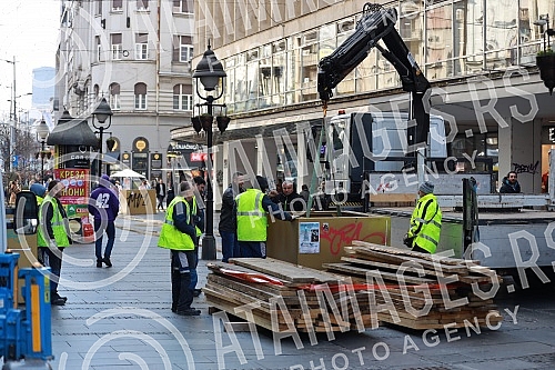 Dismantling of New Year's lighting elements in Knez Mihailova street.Demontaza elemenata novogodisnje rasvete u Knez Mihailovoj ulici. 