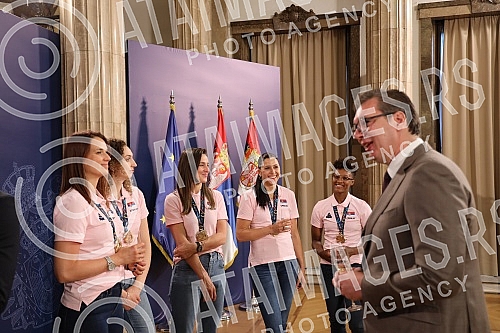 The President of Serbia, Aleksandar Vucic, received in the Presidency the women's basketball national team of Serbia, which won a gold medal at the European Championship.Predsednik Srbije Aleksandar Vucic primio je  u Predsednistvu zensku kosarkask