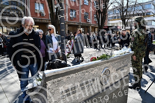 Marking the 23rd anniversary of the NATO bombing of FR Yugoslavia in 1999 - commemoration of soldiers from the territory of the Raska administrative district near the monument and fountain on Jovan Saric Square in front of the City Administration of 