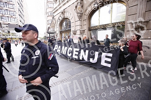 In Knez Mihailova Street, activists of the Humanitarian Law Center, Women in Black and the Youth Initiative for Human Rights organized a rally on the occasion of the 30th anniversary of the pre-election rally of the Serbian Radical Party in Hrtkovci.