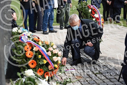 State wreath-laying ceremony and state and military honors to mark Holocaust Remembrance Day, genocide and other victims of World War II fascism at the Monument to the Victims of World War II Genocide within the former Nazi death camp complex, 