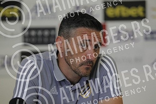 The press conference of the coach of FC Cukaricki, Dusan Kerkez, before the rematch of the second round of qualification for the Conference League between Cukaricki and Racing Union from Luxembourg, was held in the press room of the stadium of FC Cuk