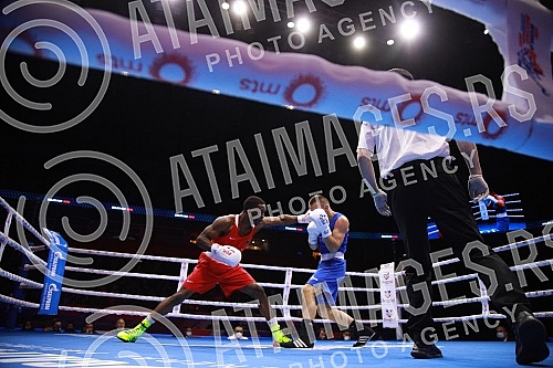 2021 Olympic Boxing World Championships - Stark Arena. Round 32, Middleweight (75kg), Kevin Schumann (Germany) (RED) vs Almir Memic (Serbia).Svetsko prvenstvo u olimpijskom boksu 2021 - Stark arena.