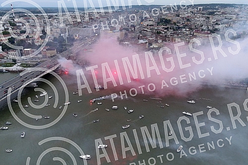 Spectacular celebration of the 32nd title of Serbian champion, fans and football players of FC Red Star from a bird's eye view.Spektakularna proslava 32. titule sampiona Srbije navijaca i fudbalera FK Crvena zvezda iz pticje perspektive.