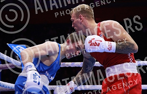 2021 Olympic Boxing World Championships - Stark Arena. Round 32, Light Heavyweight (80kg), Luka Plantic (Croatia) (RED) vs Aliaksei Alfiorau (Belarus). Svetsko prvenstvo u olimpijskom boksu 2021 - Stark arena.