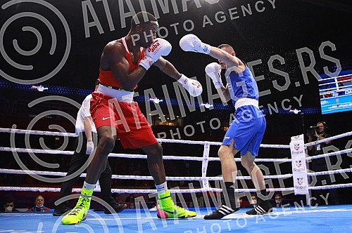 2021 Olympic Boxing World Championships - Stark Arena. Round 32, Middleweight (75kg), Kevin Schumann (Germany) (RED) vs Almir Memic (Serbia).Svetsko prvenstvo u olimpijskom boksu 2021 - Stark arena.