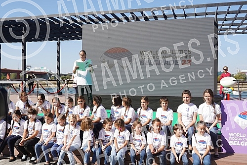 In front of the Gallery Shopping Center in Belgrade on the water, a promotion and presentation of the mascots of the World Athletics Championships was held in the Belgrade22 hall - Malina Li and Sljivan Iv.Ispred Trznog centra Galerija na Beogradu 
