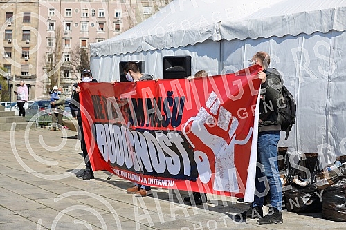 Freelancers protest against the proposal to amend the Law on personal income tax, which was adopted by the Government in front of the National assembly of Serbia.Protest frilensera zbog predloga za izmenu Zakona o porezu na dohodak gradjana koji je
