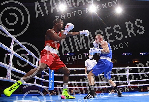 2021 Olympic Boxing World Championships - Stark Arena. Round 32, Middleweight (75kg), Kevin Schumann (Germany) (RED) vs Almir Memic (Serbia).Svetsko prvenstvo u olimpijskom boksu 2021 - Stark arena.