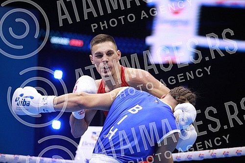 2021 Olympic Boxing World Championships - Stark Arena. Round 32, Men's Middle (75kg), Gabrijel Veocic (Croatia) (RED) vs Leo Cvitanovic (Bosnia and Herzegovina).Svetsko prvenstvo u olimpijskom boksu 2021 - Stark arena.