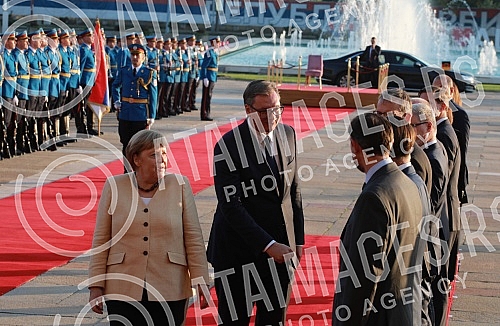 Festive reception of German Chancellor Angela Merkel in front of the Palace of Serbia.Svecani docek nemacke kancelarke Angela Merkel ispred Palate Srbija.