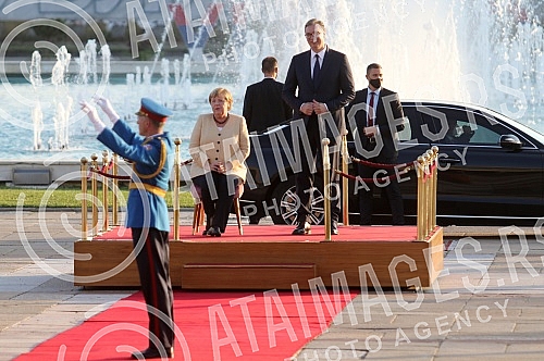 Festive reception of German Chancellor Angela Merkel in front of the Palace of Serbia.Svecani docek nemacke kancelarke Angela Merkel ispred Palate Srbija.