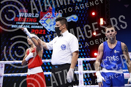 2021 Olympic Boxing World Championships - Stark Arena. Round 16, Minimumweight ( 46 - 48kg), Temirtas Zhussupov (Kazakhstan) (RED) vs Omer Ametovic (Serbia). Svetsko prvenstvo u olimpijskom boksu 2021 - Stark arena.