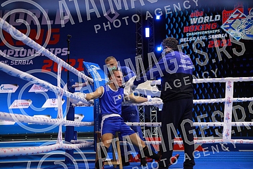 2021 Olympic Boxing World Championships - Stark Arena. Round 32, Men's Middle (75kg), Gabrijel Veocic (Croatia) (RED) vs Leo Cvitanovic (Bosnia and Herzegovina).Svetsko prvenstvo u olimpijskom boksu 2021 - Stark arena.