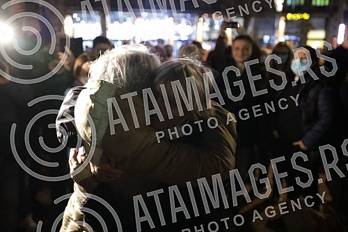 Activists, citizens, representatives of NGOs and opposition political parties gathered in front of the House of Trade Unions in support of activist Aida Corovic, who was detained earlier today for throwing eggs at a mural by Ratko Mladic painted on t