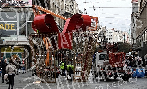 Installation of New Year's lighting in Knez Mihailova street.Postavljanje novogodisnje rasvete  u Knez Mihailovoj ulici