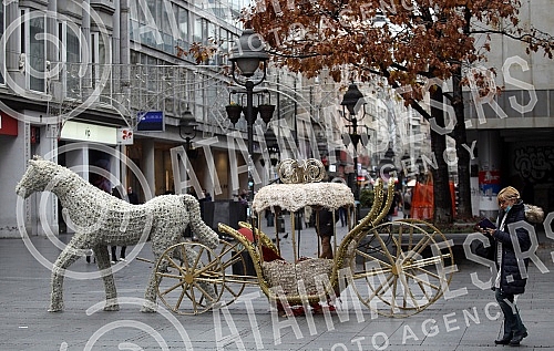 Installation of New Year's lighting in Knez Mihailova street.Postavljanje novogodisnje rasvete  u Knez Mihailovoj ulici