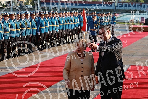 Festive reception of German Chancellor Angela Merkel in front of the Palace of Serbia.Svecani docek nemacke kancelarke Angela Merkel ispred Palate Srbija.