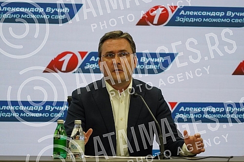 Addressing the media after the completed session of the Presidency of the Serbian Progressive Party.Obaracanje medijima nakon zavrsene sednice Predsednistva Srpske napredne stranke.