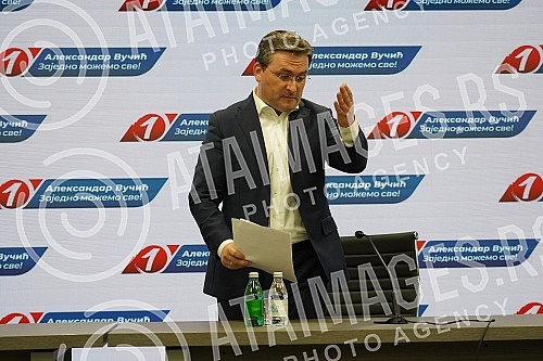 Addressing the media after the completed session of the Presidency of the Serbian Progressive Party.Obaracanje medijima nakon zavrsene sednice Predsednistva Srpske napredne stranke.