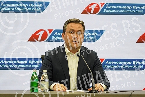 Addressing the media after the completed session of the Presidency of the Serbian Progressive Party.Obaracanje medijima nakon zavrsene sednice Predsednistva Srpske napredne stranke.