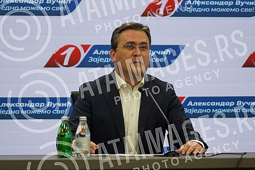 Addressing the media after the completed session of the Presidency of the Serbian Progressive Party.Obaracanje medijima nakon zavrsene sednice Predsednistva Srpske napredne stranke.