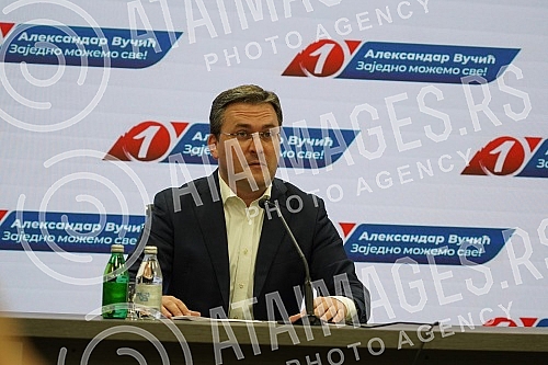 Addressing the media after the completed session of the Presidency of the Serbian Progressive Party.Obaracanje medijima nakon zavrsene sednice Predsednistva Srpske napredne stranke.
