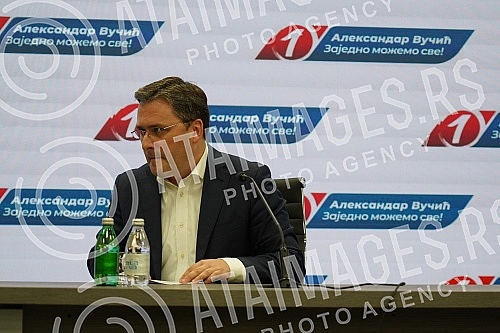 Addressing the media after the completed session of the Presidency of the Serbian Progressive Party.Obaracanje medijima nakon zavrsene sednice Predsednistva Srpske napredne stranke.