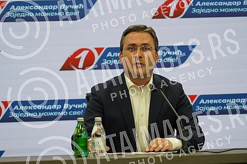 Addressing the media after the completed session of the Presidency of the Serbian Progressive Party.Obaracanje medijima nakon zavrsene sednice Predsednistva Srpske napredne stranke.