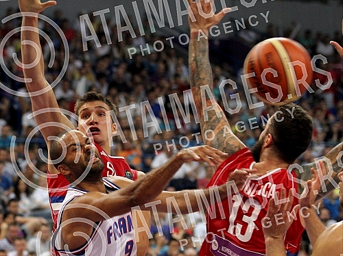 Friendly basketball match between Serbia and France.Prijateljska kosarkaska utakmica izmedju nacionalnih timova Srbije i Francuske.