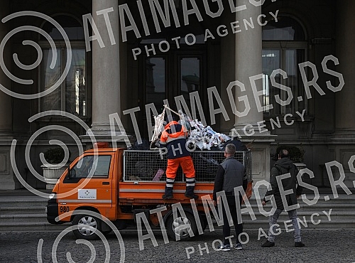 A Christmas tree decorated in front of the City assembly by activists of the One in five million movement, the let's defend Kosutnjak initiative, the New party and the Green party in the action 