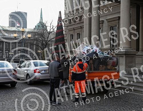A Christmas tree decorated in front of the City assembly by activists of the One in five million movement, the let's defend Kosutnjak initiative, the New party and the Green party in the action 